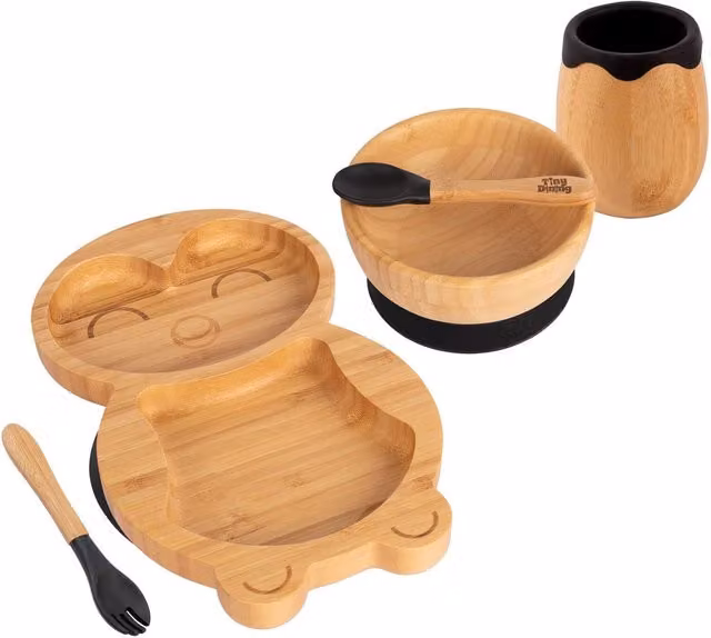 Tiny Dining 5pc Bamboo and Silicone Penguin Baby Weaning Set in Black and Multicolour