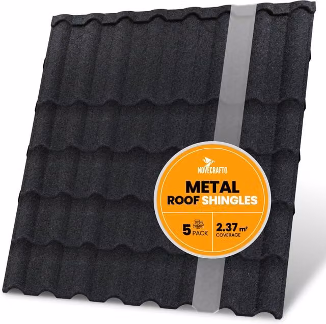 Novecrafto 5 Pack Stone Coated Galvanised Metal Roof Shingles in Dark Grey, Covering 2.37m²