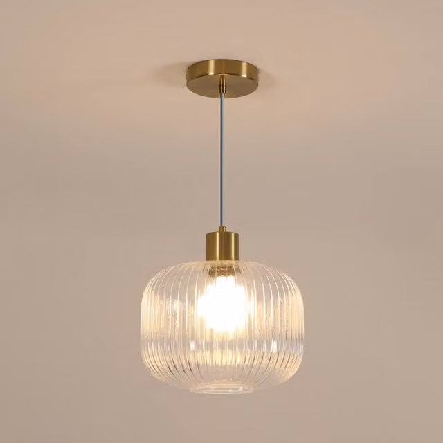 COMELY Amber Glass Pendant Ceiling Light in Gold/Brass with Height Adjustable Suspension – 1