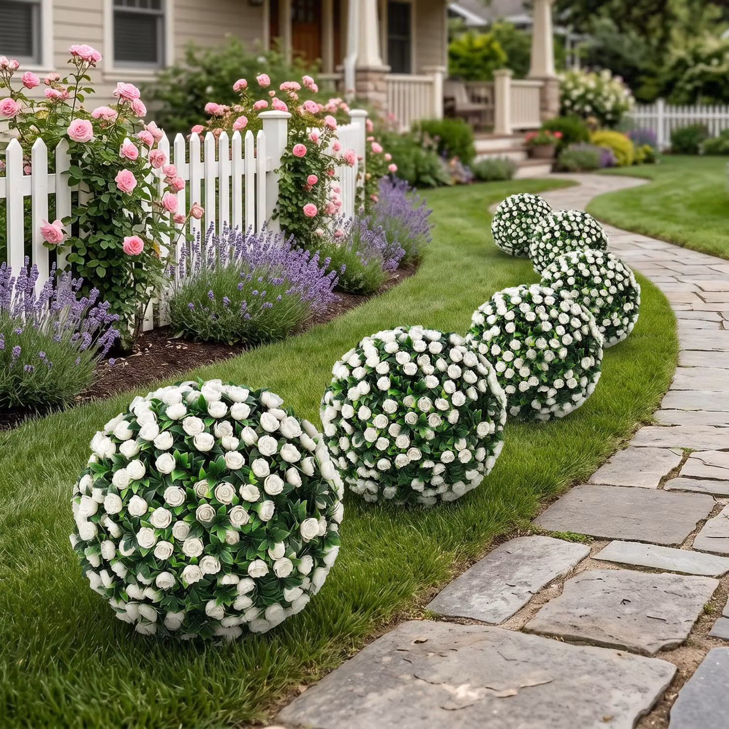 HOMCOM 2-Pack White Artificial Rose Topiary UV Resistant Round Floral Plants, Height: 55 cm – 9