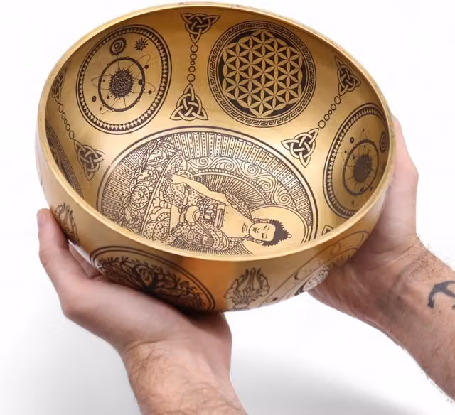 KDMK Gold Pure Brass Etched Buddha Singing Bowls Set for Meditation