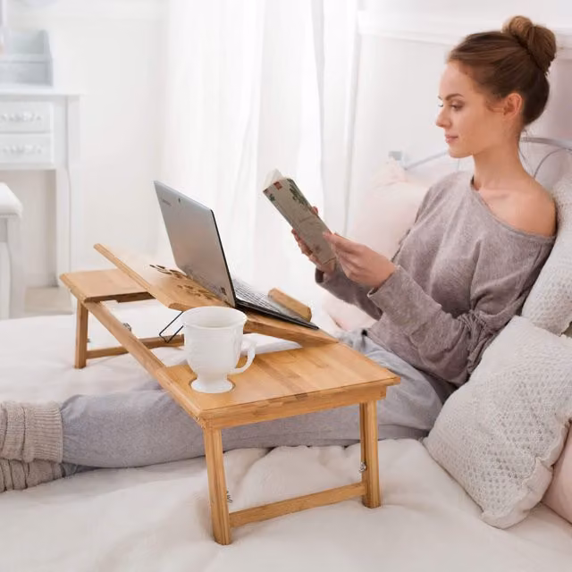 tectake Adjustable Bamboo Computer Desk in Brown, Height: 72 cm