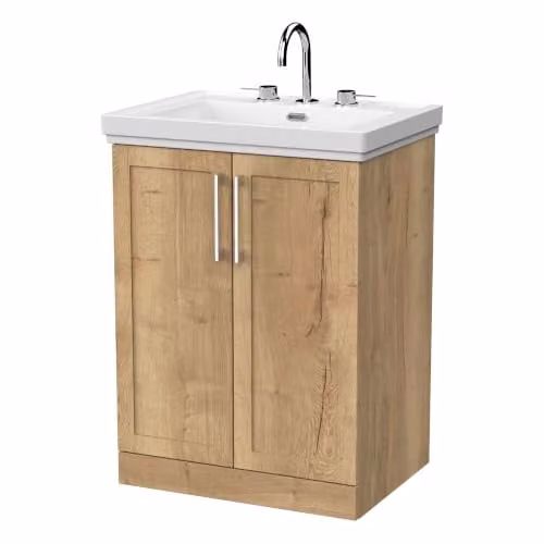 Balterley Stonnall Traditional Floor Standing 2 Door Vanity Unit with 3 Tap Hole Fireclay Basin in Autumn Oak, W: 60.5 cm, D: 46.0 cm, H: 86.6 cm – 1
