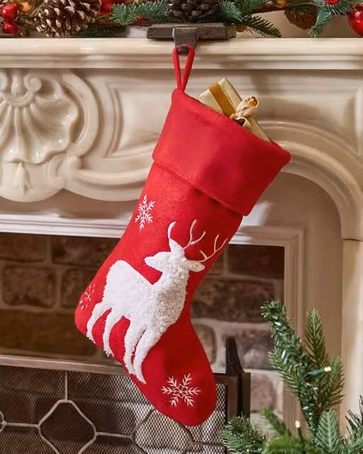 Dibor Set of 4 Red and White Reindeer Christmas Stockings with Snowflake Textile Decorations