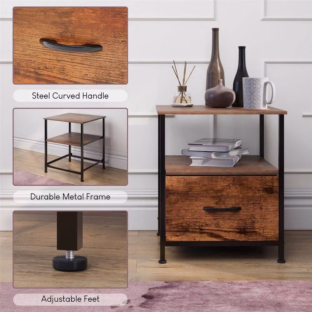 FORGEVIO Modern Brown Metal Single Drawer Chest of Drawers and Bedside Cabinet – 3