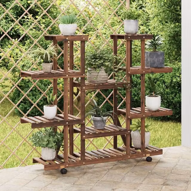 Berkfield Home Retro Flower Stand with Wheels in Brown Solid Wood, W/D/H: 110 x 25 x 115 cm