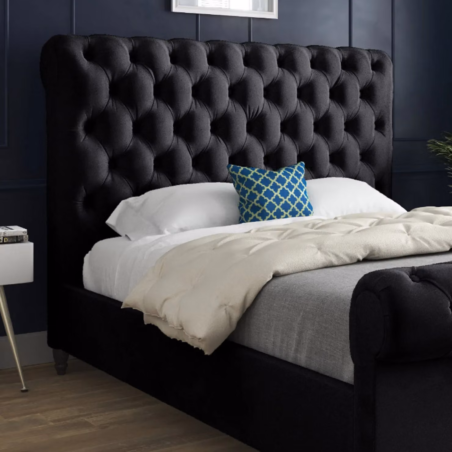 Casani Classic Upholstered Velvet Bed Frame in Black, W/D/H: 90 x 190 x 119 cm – 3