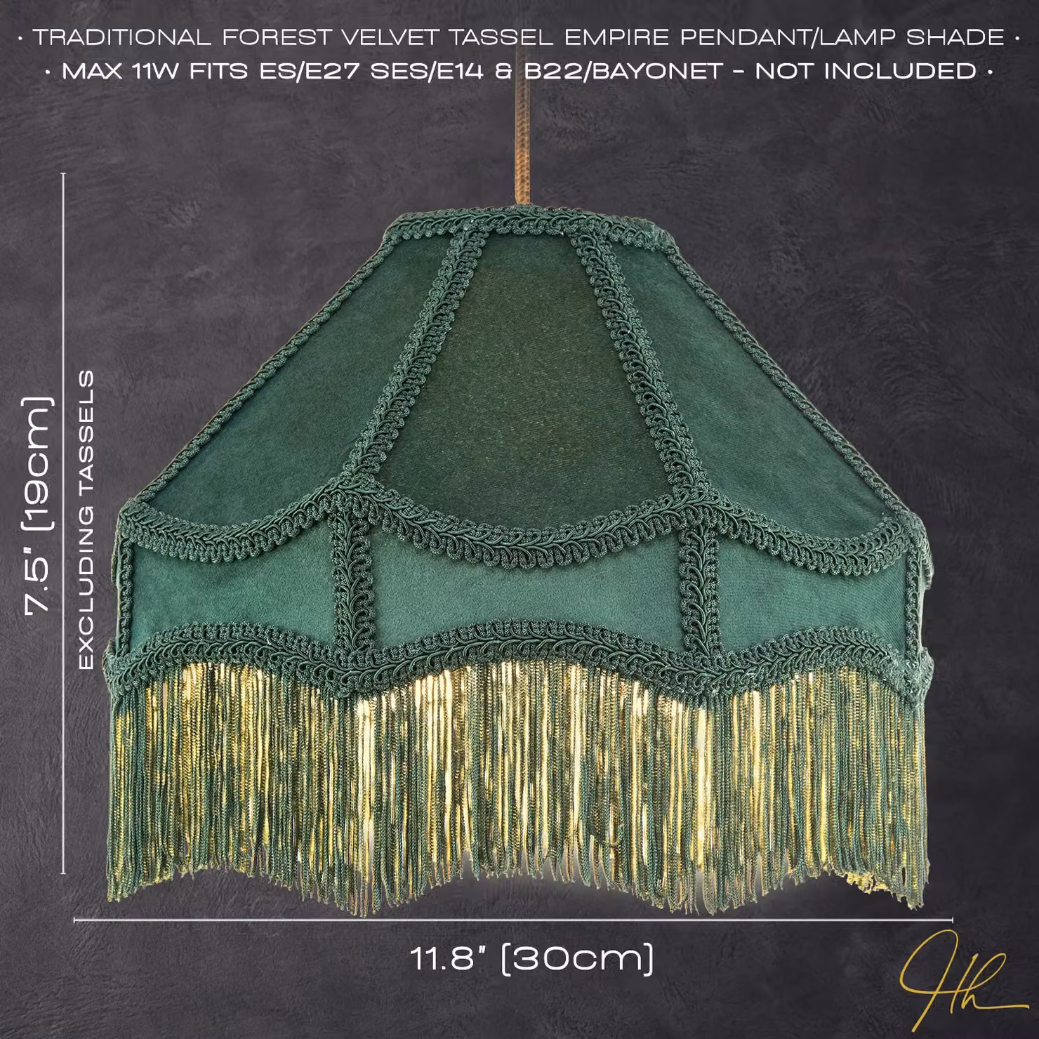 Happy Homewares Traditional Victorian Empire Soft Velvet Lamp Shade with Tassels in Dark Green, Diameter: 30.48 cm – 7