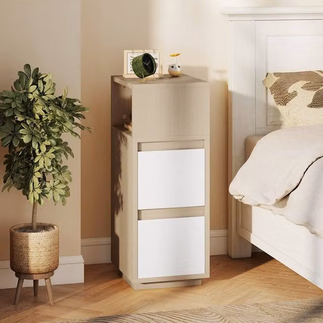 HOMCOM Slim Bedside Table with Open Shelf and 2 Drawers in Sand
