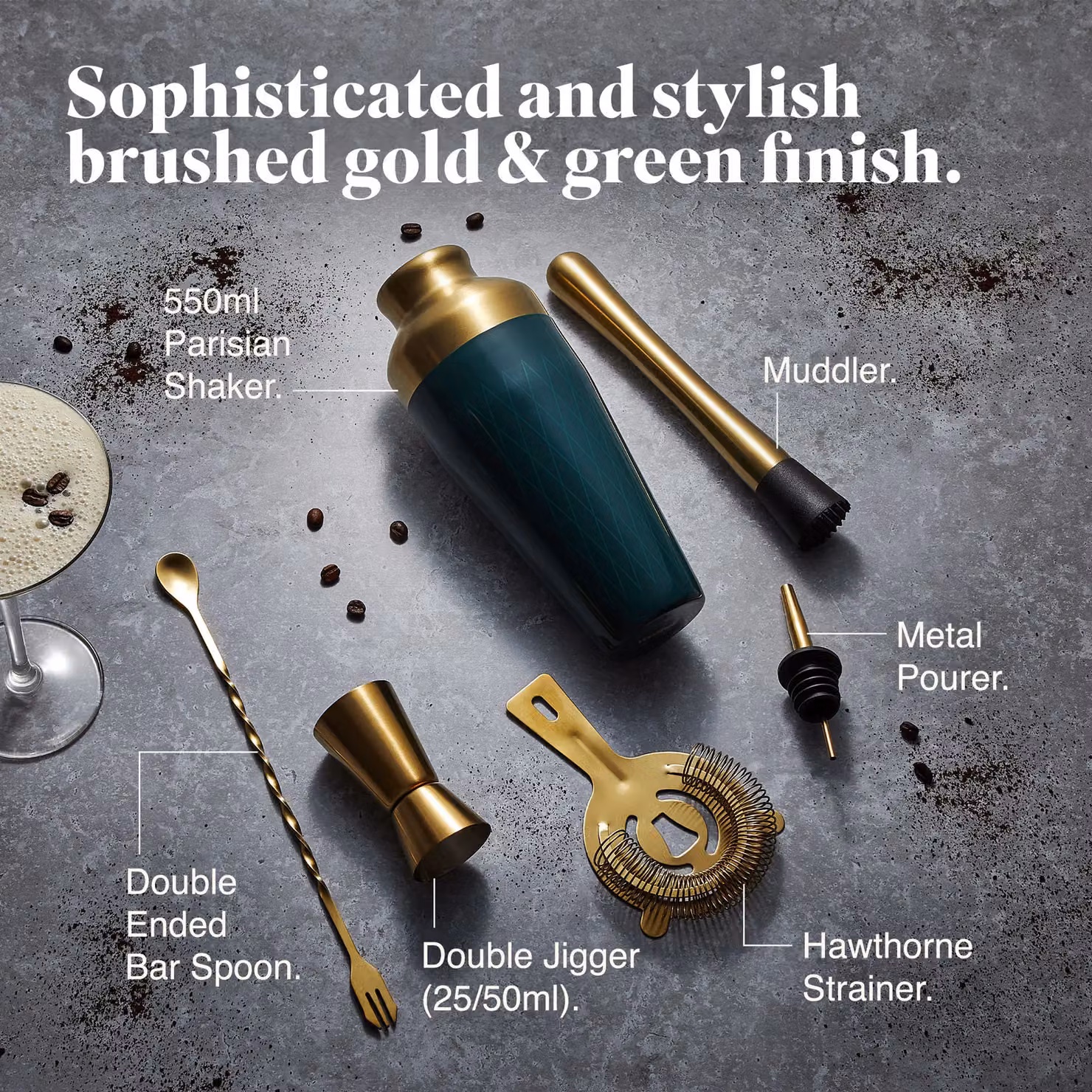 VonShef 6-Piece Gold and Green Stainless Steel Cocktail Shaker Set – 2