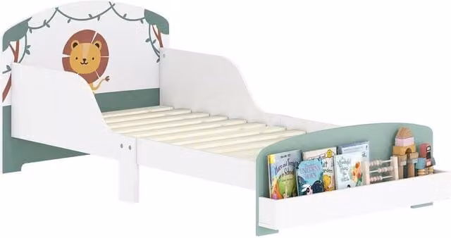 FORGEVIO Lion-Themed Childrens Cot Bed Frame with Side Compartment Storage, Green, W/D/H: 140 x 70 x 60 cm