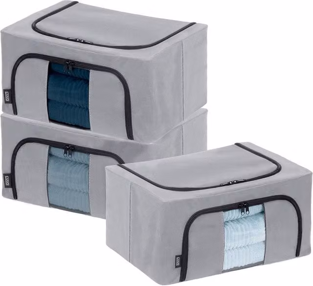 LIVIVO Set of 3 Foldable Fabric Storage Boxes with Windows in Grey, W/D/H: 43 x 30.5 x 20 cm – 1