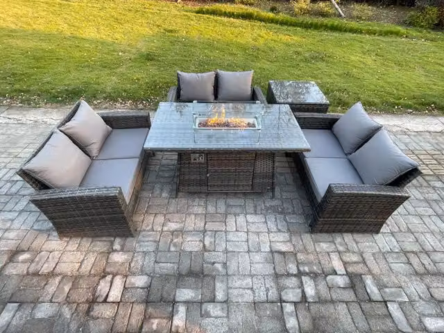 Fimous 6 Seater Rattan Outdoor Garden Dining Set with Gas Firepit Table and Double Seat Sofa Side Table in Dark Grey