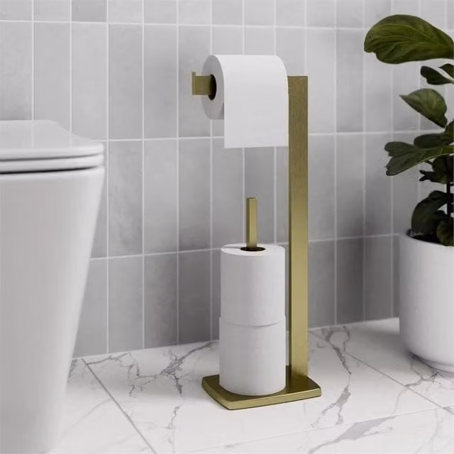Havendro Brushed Brass Freestanding Toilet Roll Holder in Gold