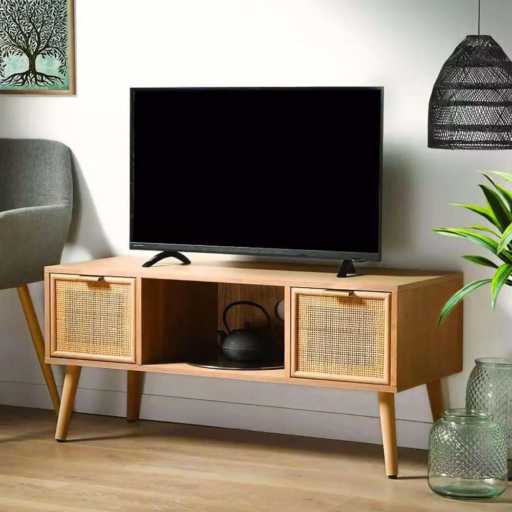CALICOSY MIYA TV Stand with 2 Drawers and Rattan Fronts in Light Brown, W: 100 cm – 2