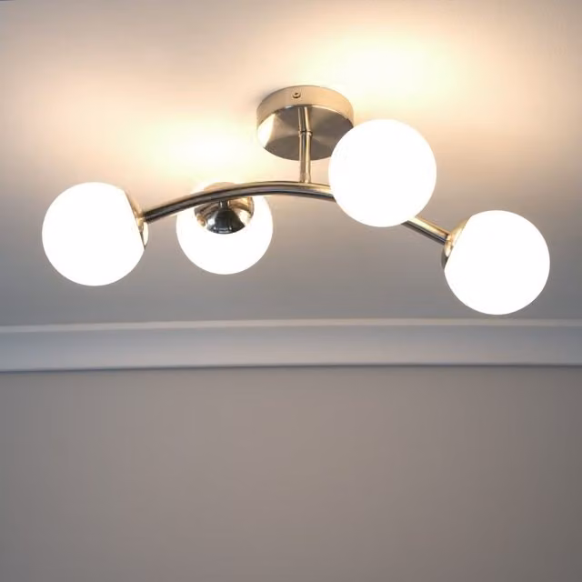 ValueLights Jas 4 Way Ceiling Light in Silver with White Frosted Glass Globe Shades and LED Bulbs – 1