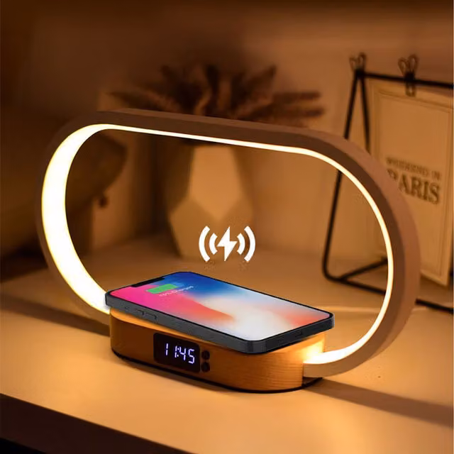 Komore LED Table Lamp with Wireless Charger and Three-Colour Dimmable Light in White and Wood