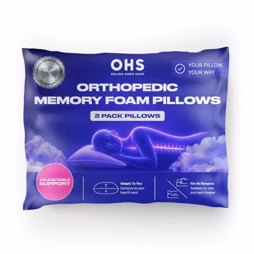 OHS 2 Pack of White Shredded Memory Foam Pillows, Cooling and Breathable for Side and Back Sleepers, W/D/H: 60 x 40 cm – 2