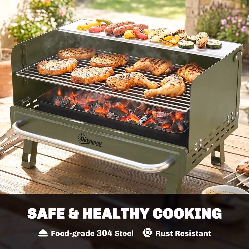 Outsunny Portable Tabletop Charcoal Barbecue Grill with Stainless Steel Warming Rack in Green – 6