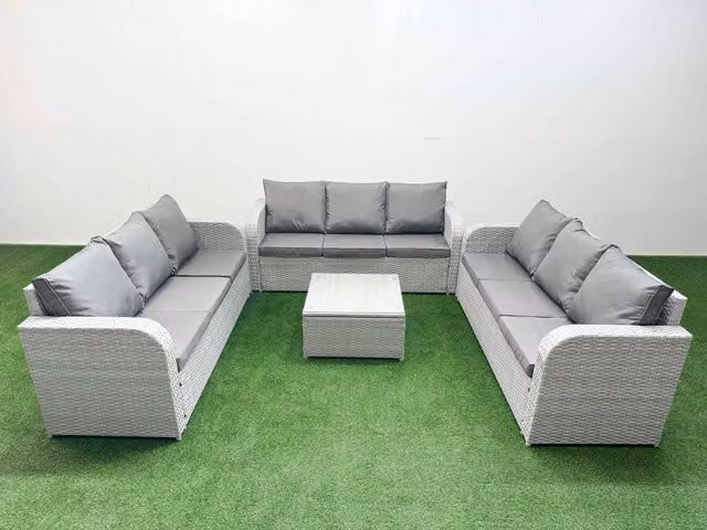 Fimous 9 Seater PE Rattan Outdoor Garden Furniture Set with Square Coffee Table in Light Grey – 1