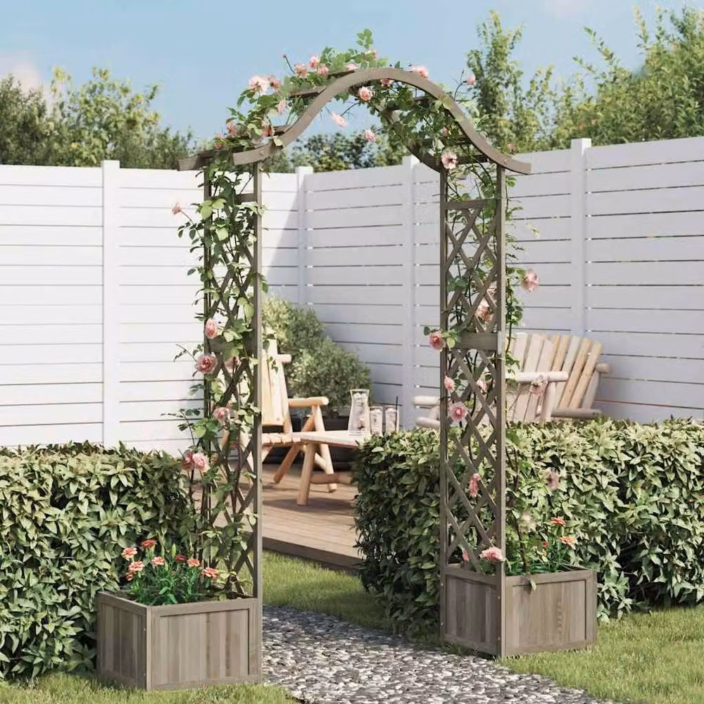 Berkfield Home Garden Curved Pergola with Planter in Grey Solid Firwood, H 204 x W 175 x D 40 cm – 2