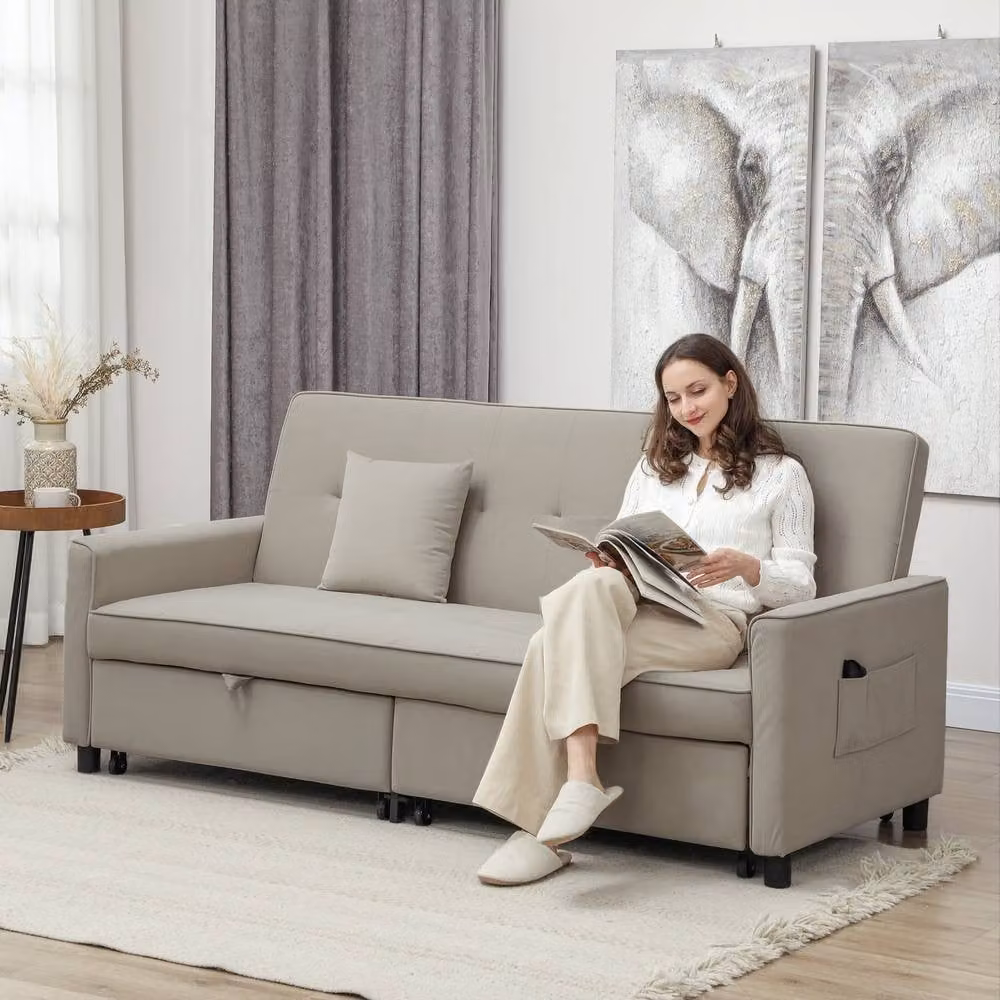 ERGOVEXA Three-Person Velvet Click-Clack Sofa Bed in Beige with Solid Wood Frame and Adjustable Headrest, W/D/H: 196 x 140 x 89 cm – 3