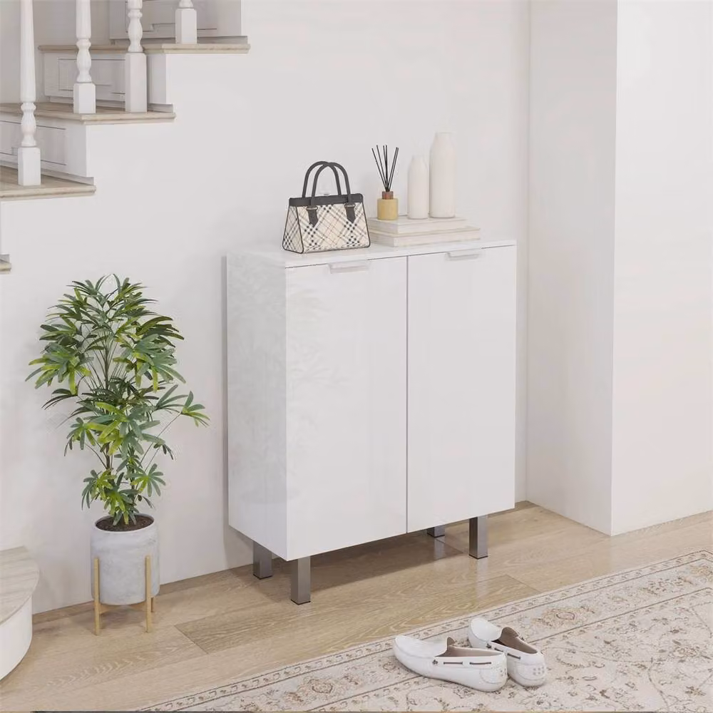 Nordara High Gloss Shoe Storage Cabinet in White with Soft Close Hinges and Internal Shelves, W: 100 cm, D: 15 cm, H: 15 cm – 2