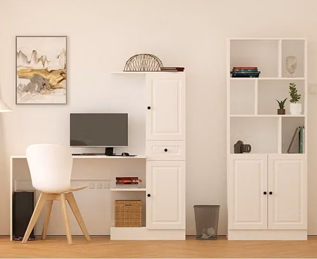 Maisons du Monde Modern White Wood Home Office Set with Desk and Shelf