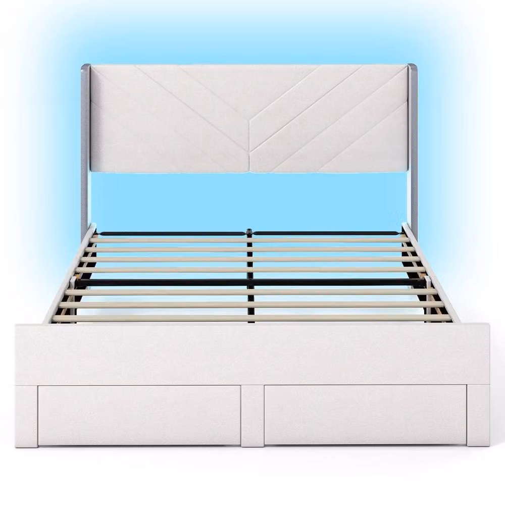 Costway King Size Upholstered Platform Bed Frame with LED Under-Bed Lighting and Drawers in Beige Velvet, 180 x 200 cm – 2