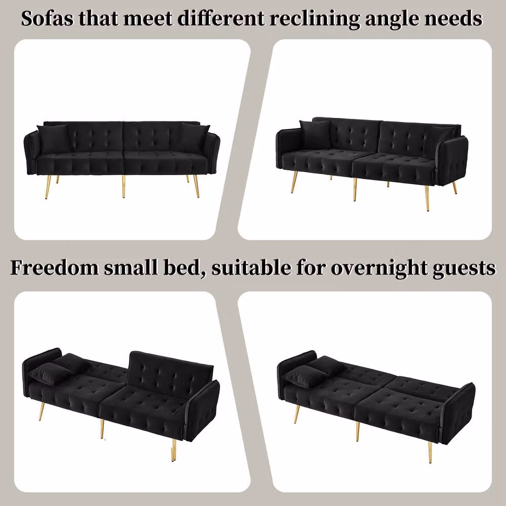 Merax Black Velvet Sofa Bed with Gold Accents and Solid Wood Frame – 6