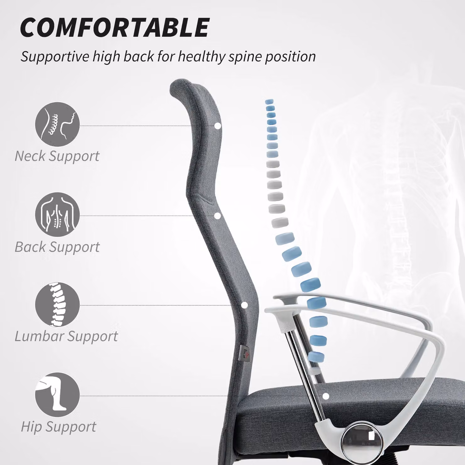HOMCOM Grey Fabric High Back Office Task Chair with Armrests for Home Office – 3