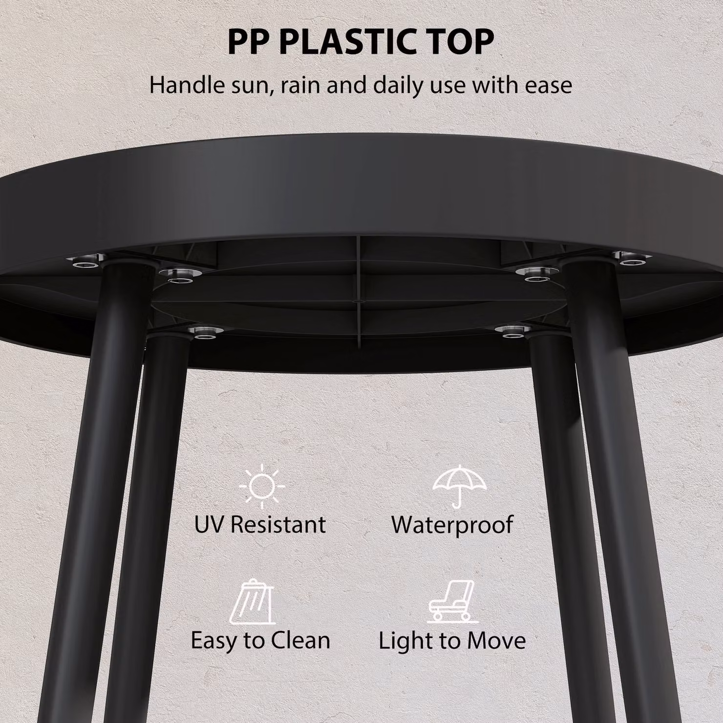 Outsunny Round Garden Coffee Side Table with Plastic Tray-Style Top and Metal Legs, Black, Diameter: 49.5 cm – 5