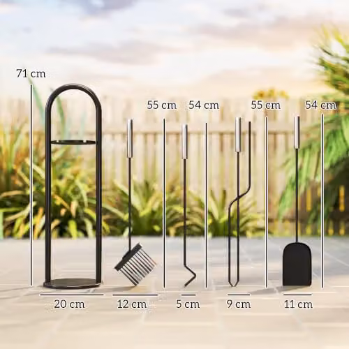 Outsunny 5 Piece Metal Fireplace Companion Set in Silver and Black – 6