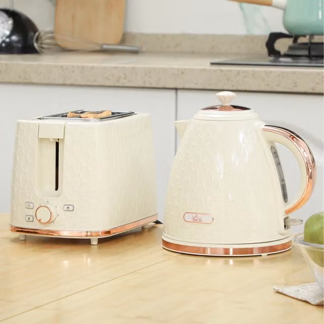 HOMCOM Kettle and 2-Slice Toaster Set with 7 Browning Levels in Beige and White