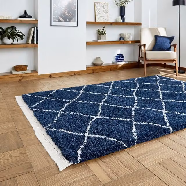Terrys Boho 5413 Moroccan Woven Shaggy Rug, Blue/Navy, Rectangular