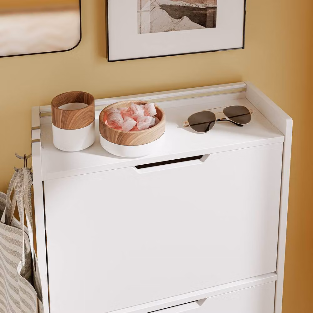 SoBuy Modern White Matt Foldable Shoe Cabinet with Tilting Compartments and Integrated Lighting – 3
