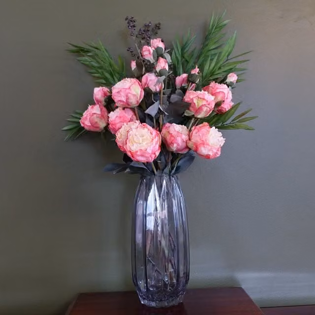 Geometric Glass Vase with Pink Peony and Berry Artificial Flowers, Transparent and Purple, H 30.0 cm x W 12.0 cm x D 12.0 cm
