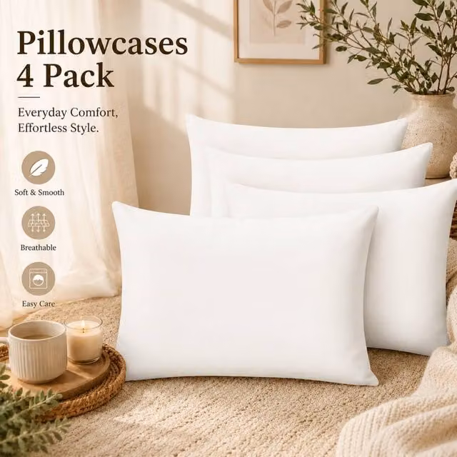 Pamposh Set of 4 White 300 Thread Count Mako Satin Cotton Pillow Cases
