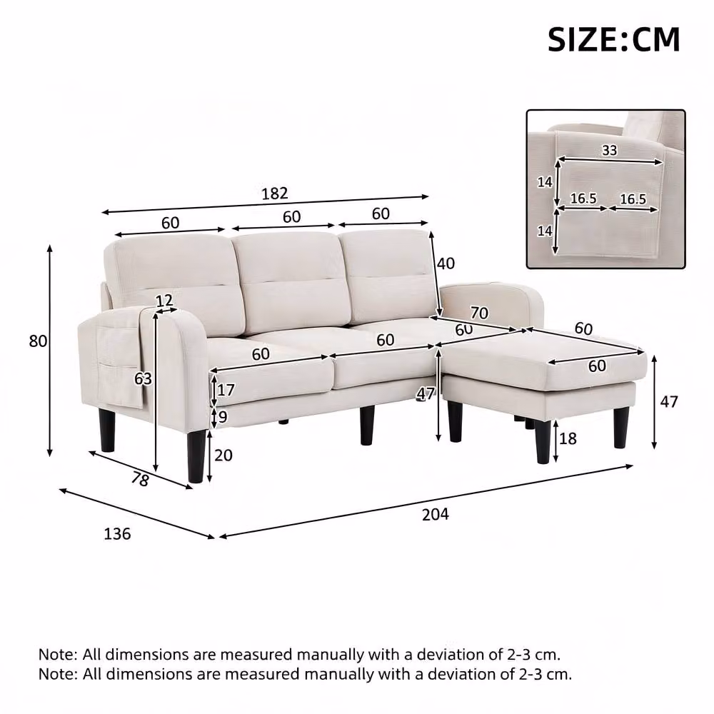 BTM Beige Reversible L-Shaped Fabric Sofa with Storage Pockets and Scatter Cushions W/D/H: 204 x 136 x 80 cm – 2