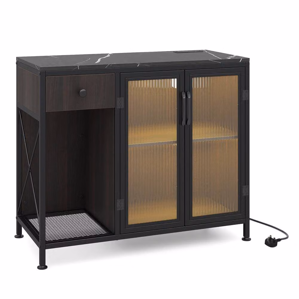 Gymax Black Buffet Sideboard with Integrated LED Lighting and Power Outlets – 7