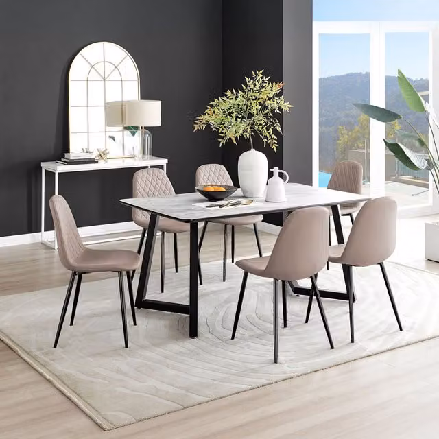 FurnitureboxUK Carson White Marble Effect Dining Table and 6 Corona Black Leg Chairs in Beige – 1