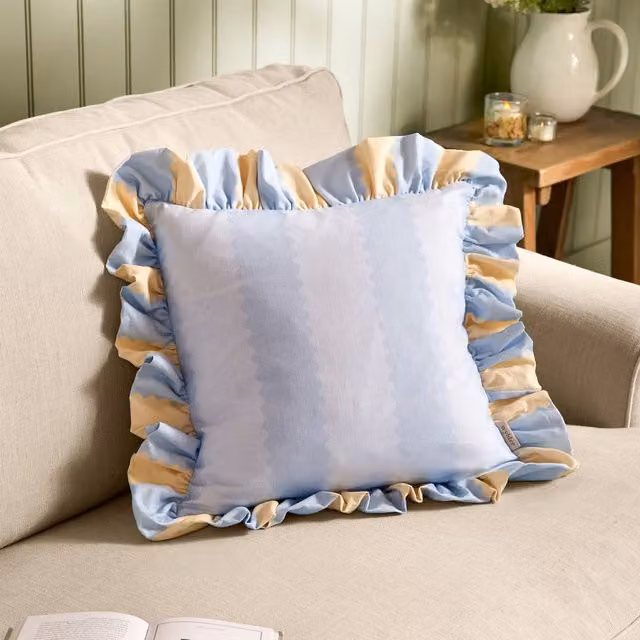 Wylder Birdie Stripe Cotton Ruffle Cushion in Blue and Yellow, W/D/H: 45 x 45 x 45 cm