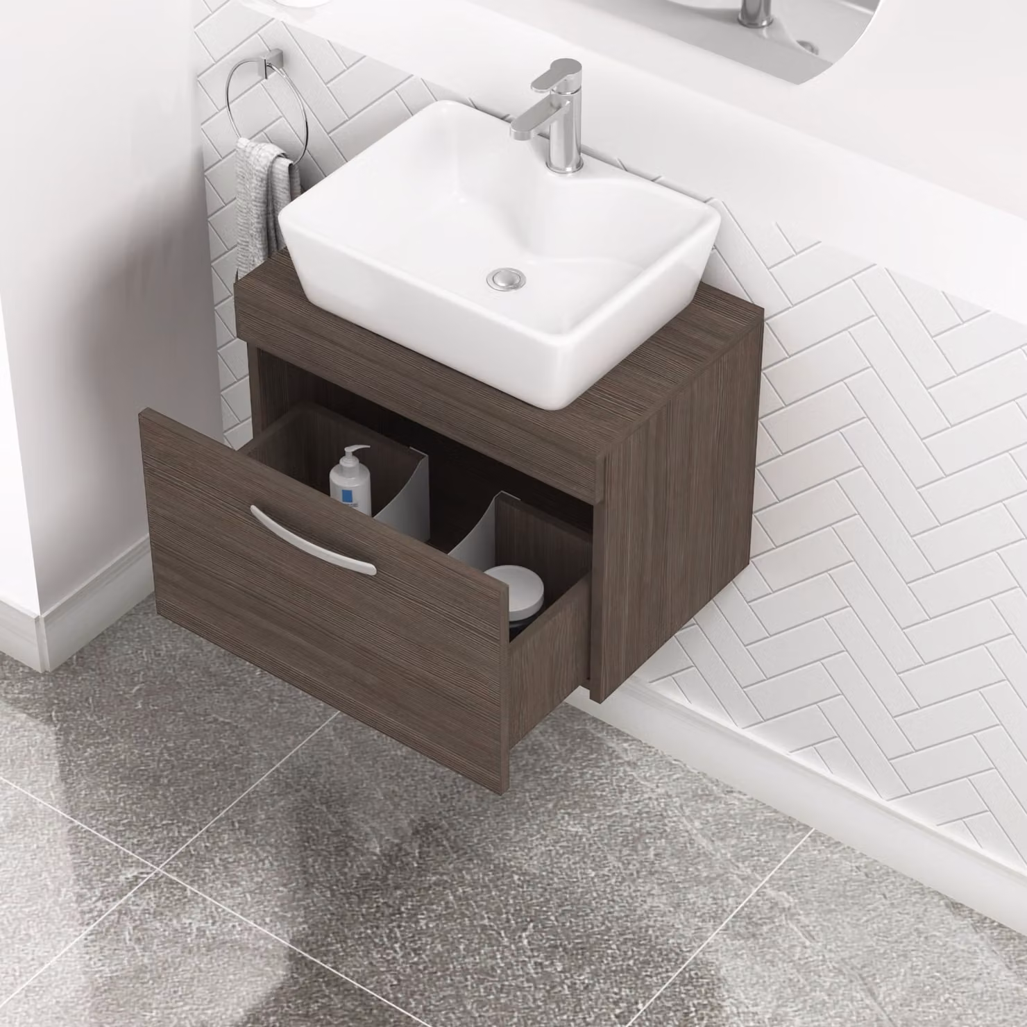 Royal Bathrooms Cube Wall Hung Vanity Unit with 1 Drawer and Countertop Basin in Grey Elm