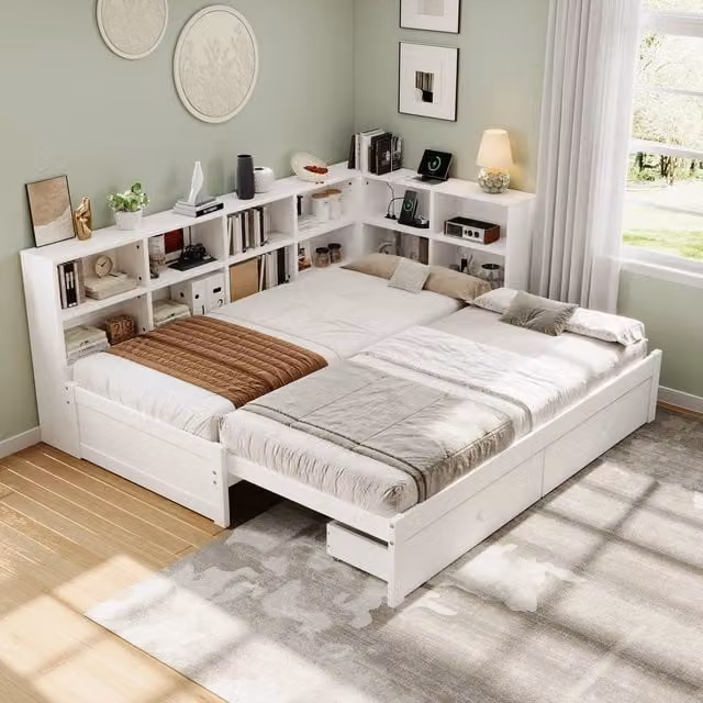 BTM Single Daybed Trundle Storage Bed with USB Charging Port in White, W/D/H: 190 x 90 x 82 cm