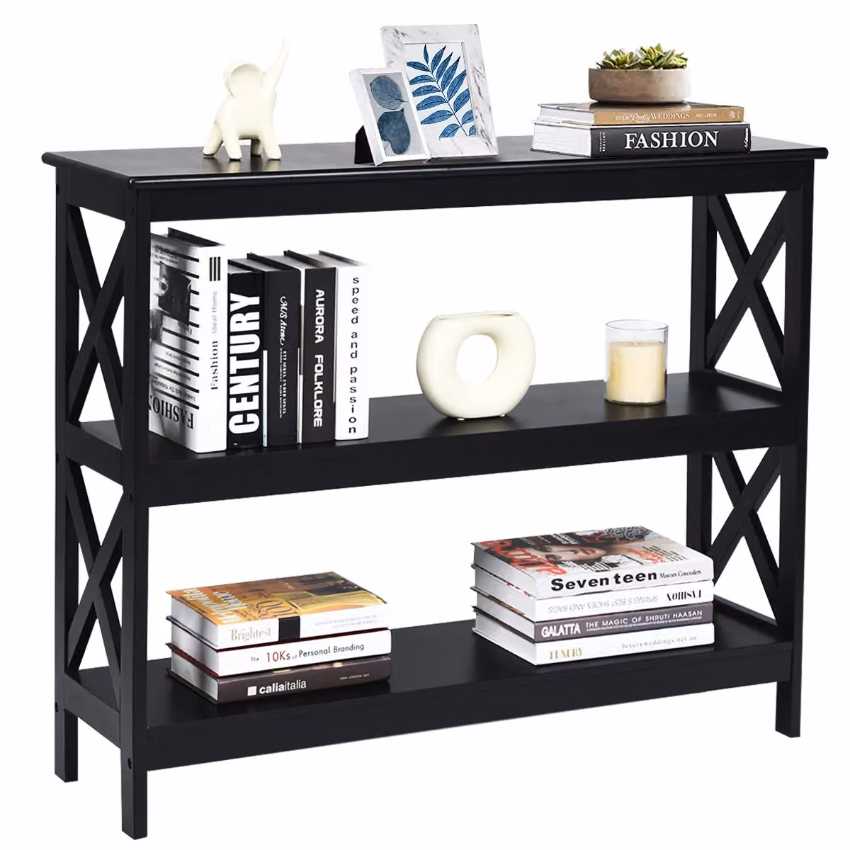 Costway 3-Tier X-Design Wooden Console Table with Shelf in Black – 5