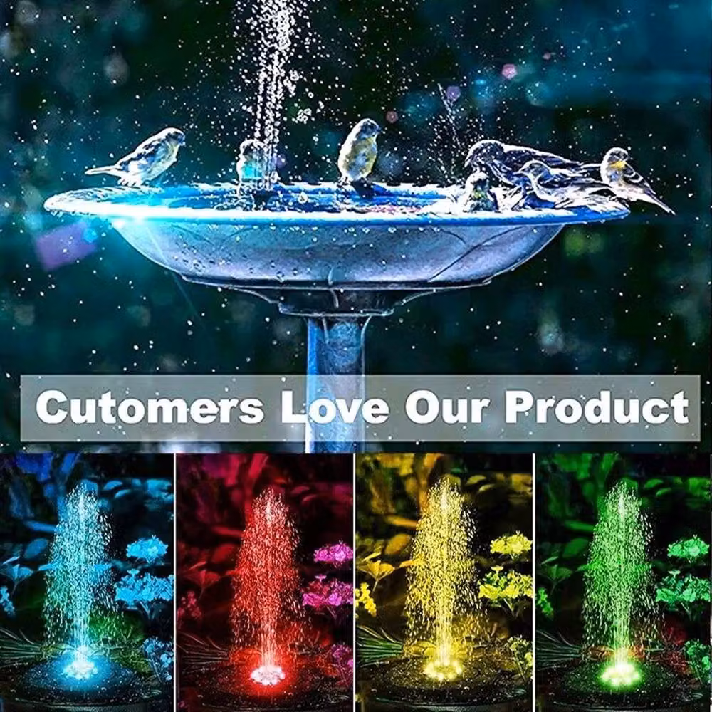 FLAVORA Solar Fountain Pump with 8 LED Lights in Black for Garden Pools, Ponds and Aquariums – 8