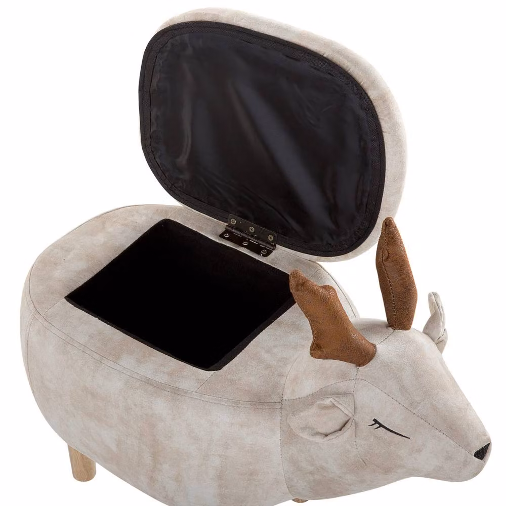 Wyld and Coco Reindeer Kids Stool in Beige Microfibre with Storage and Rubberwood Frame – 3