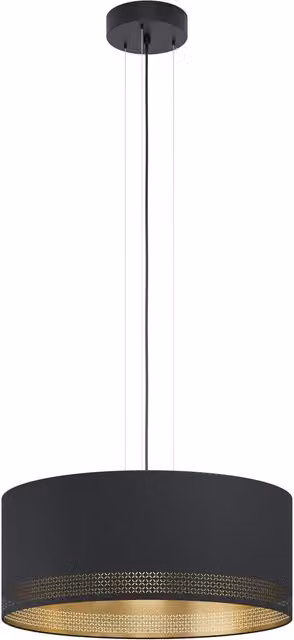 Loops Modern Suspended Pendant Ceiling Light in Black and Gold/Brass with Fabric Shade and E27 Bulb Holder