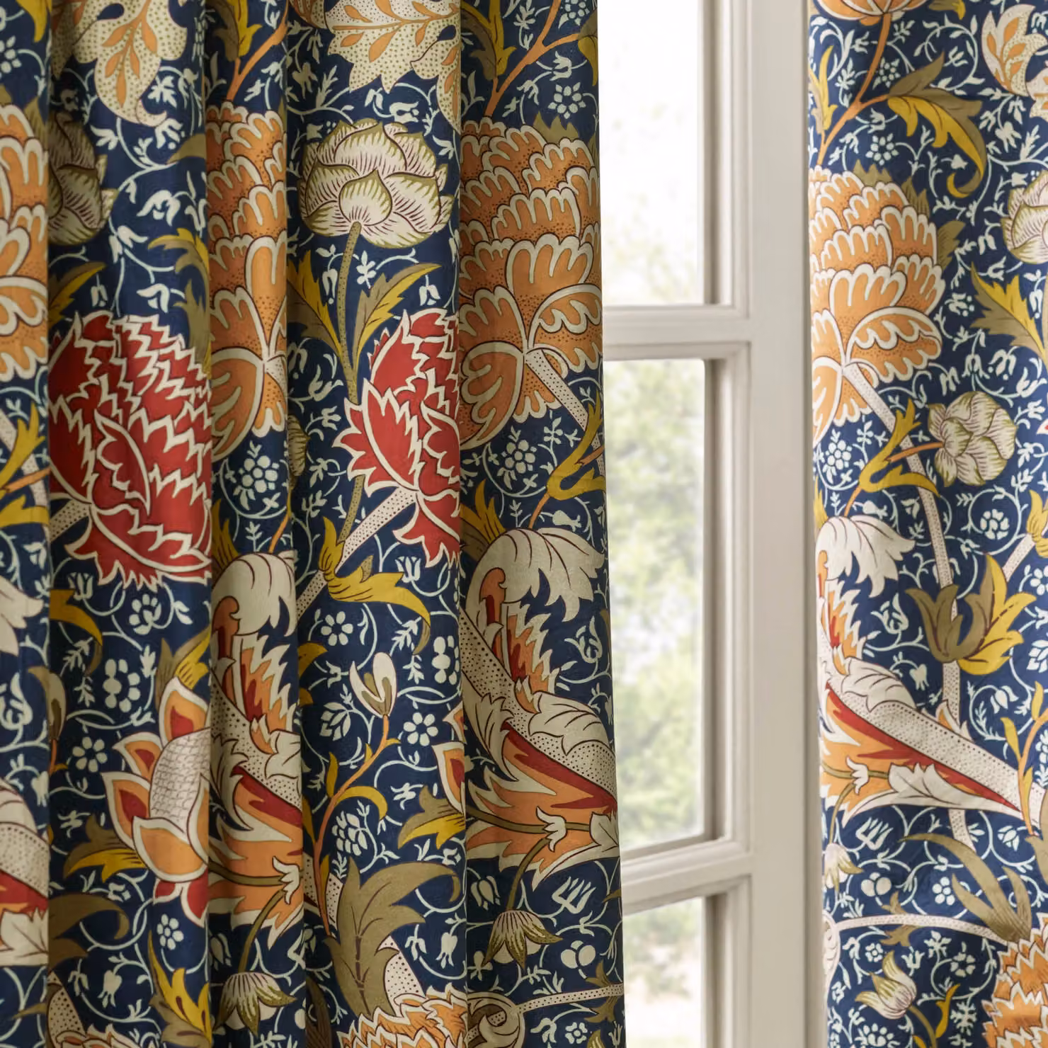 Morris & Co Cray Floral Blue Velvet Pencil Pleat Curtains, Width: 168 cm, Drop: 183 cm – 5