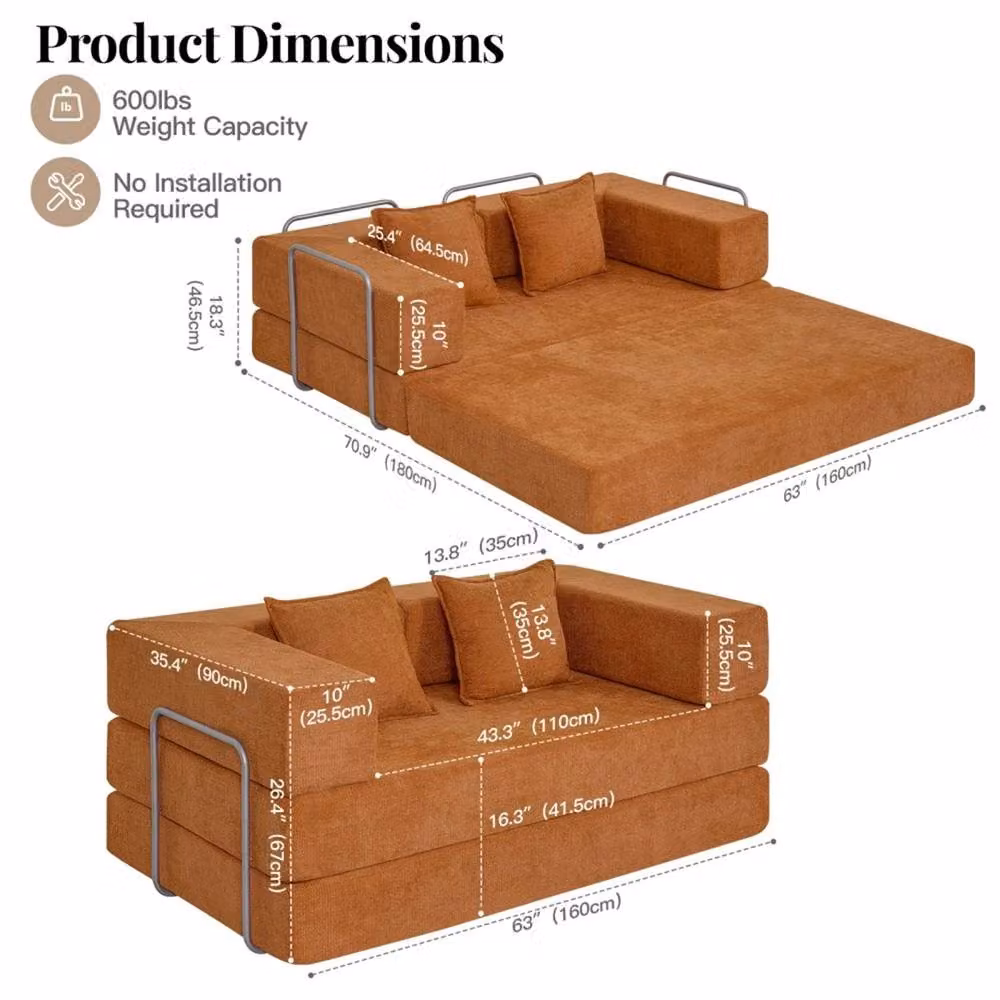 FORGEVIO Orange 2 Seater L-Shape Sectional Sofa Bed with Upholstered Fabric and Foam Filling – 3